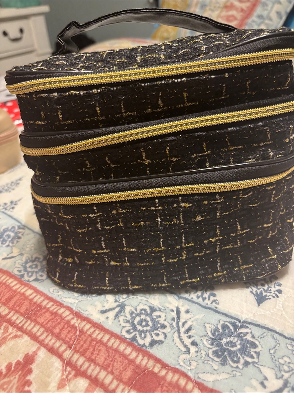 Black Tweed Triple-Zip Cosmetic Case with Gold Zippers